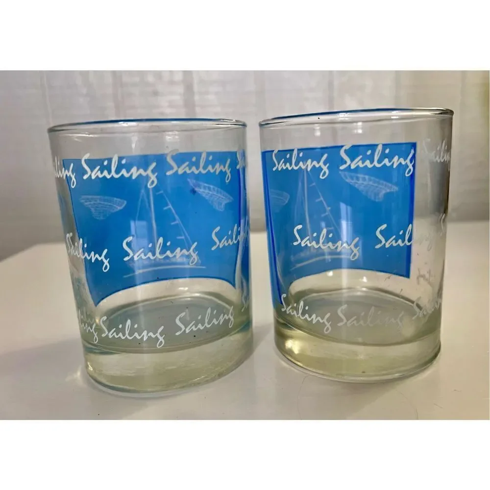 2 Sailboat Sailing Rocks Glasses Blue Nautical Glass Tumblers W Hull Diagram